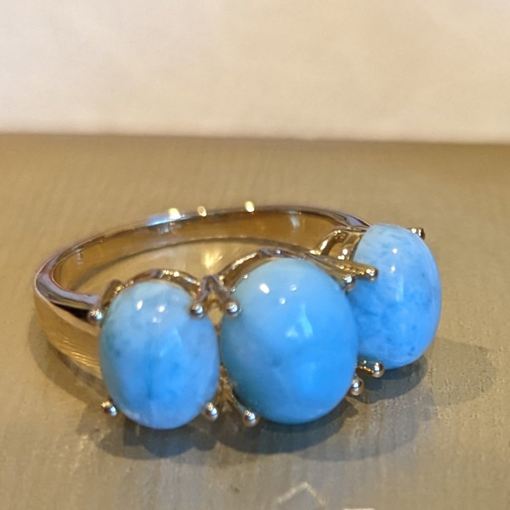 3 Stone Larimar Ring Size 9 Gold over Sterling Silver